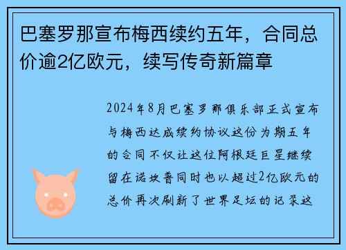 巴塞罗那宣布梅西续约五年，合同总价逾2亿欧元，续写传奇新篇章