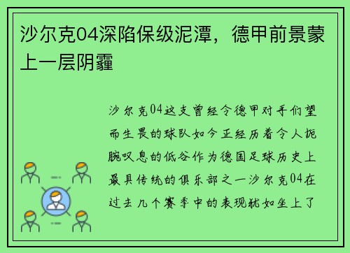 沙尔克04深陷保级泥潭，德甲前景蒙上一层阴霾
