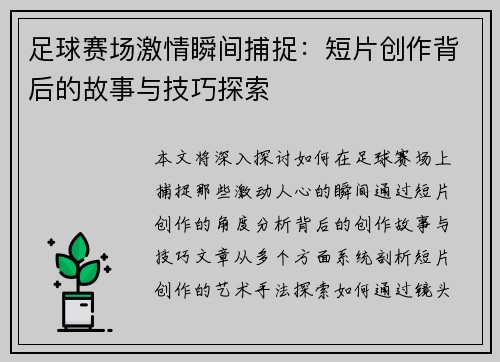 足球赛场激情瞬间捕捉：短片创作背后的故事与技巧探索