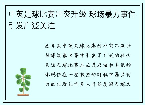 中英足球比赛冲突升级 球场暴力事件引发广泛关注