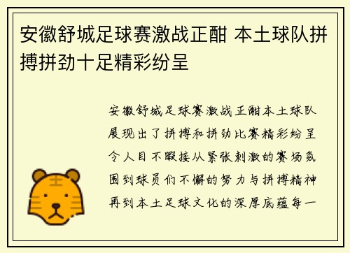 安徽舒城足球赛激战正酣 本土球队拼搏拼劲十足精彩纷呈