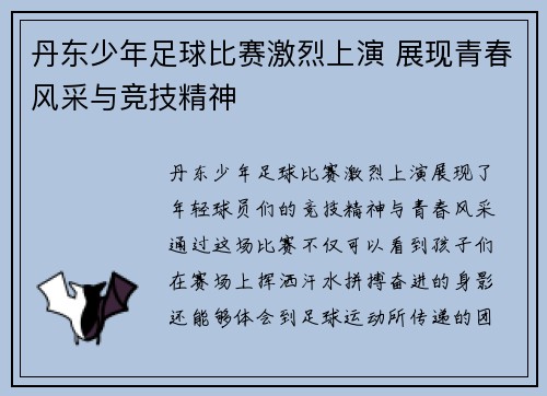 丹东少年足球比赛激烈上演 展现青春风采与竞技精神