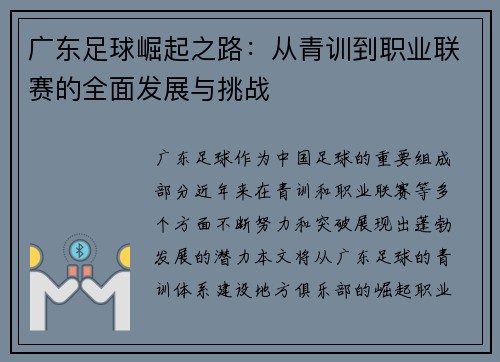 广东足球崛起之路：从青训到职业联赛的全面发展与挑战