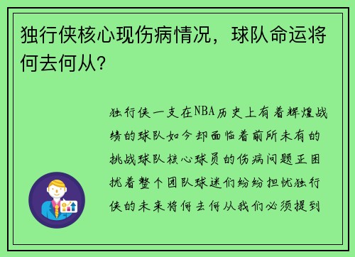 独行侠核心现伤病情况，球队命运将何去何从？