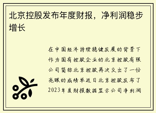 北京控股发布年度财报，净利润稳步增长