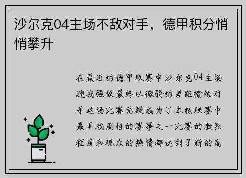 沙尔克04主场不敌对手，德甲积分悄悄攀升
