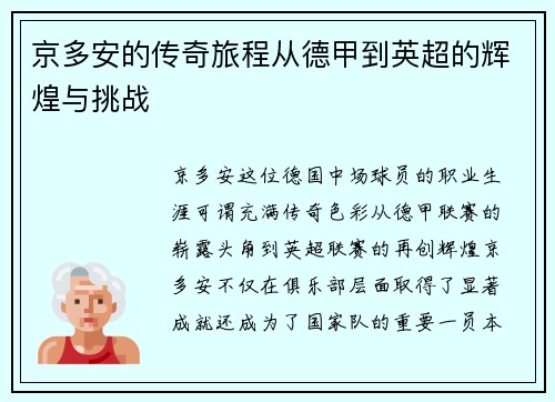 京多安的传奇旅程从德甲到英超的辉煌与挑战