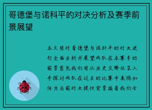 哥德堡与诺科平的对决分析及赛季前景展望