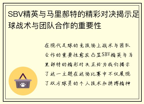 SBV精英与马里郝特的精彩对决揭示足球战术与团队合作的重要性