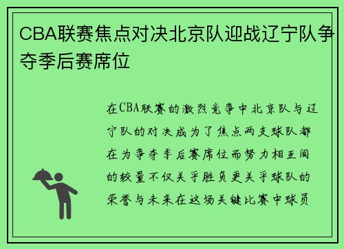 CBA联赛焦点对决北京队迎战辽宁队争夺季后赛席位