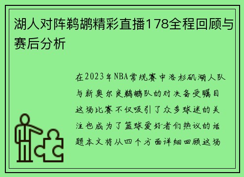 湖人对阵鹈鹕精彩直播178全程回顾与赛后分析