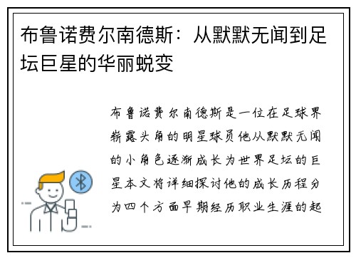 布鲁诺费尔南德斯：从默默无闻到足坛巨星的华丽蜕变