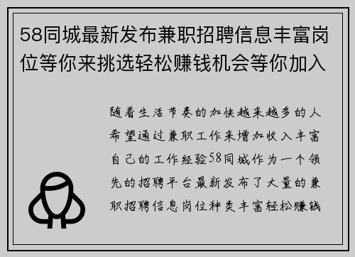 58同城最新发布兼职招聘信息丰富岗位等你来挑选轻松赚钱机会等你加入