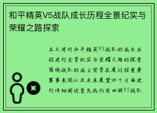 和平精英V5战队成长历程全景纪实与荣耀之路探索