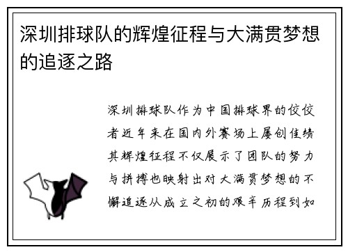 深圳排球队的辉煌征程与大满贯梦想的追逐之路