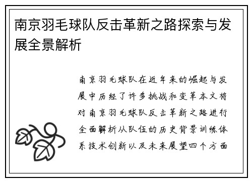 南京羽毛球队反击革新之路探索与发展全景解析