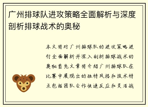 广州排球队进攻策略全面解析与深度剖析排球战术的奥秘