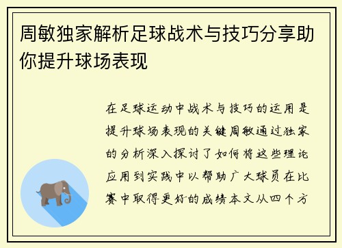 周敏独家解析足球战术与技巧分享助你提升球场表现