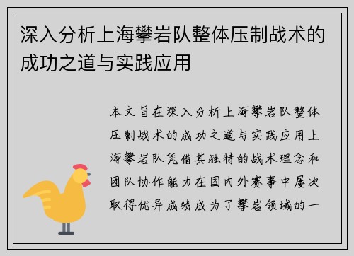 深入分析上海攀岩队整体压制战术的成功之道与实践应用