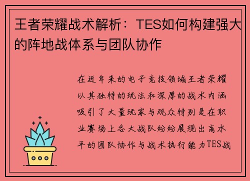 王者荣耀战术解析：TES如何构建强大的阵地战体系与团队协作